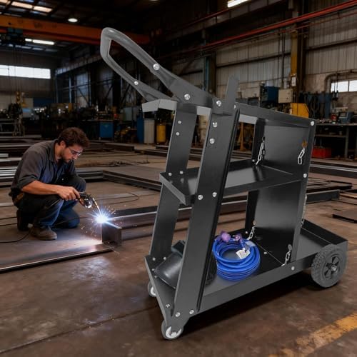 Heavy Duty Welding Cart, Rolling Welder Cart on Wheels for MIG TIG Welder & Plasma Cutter, Carbon Steel Weld Cart 220LB Capacity with Handle & Gas Tank Holder