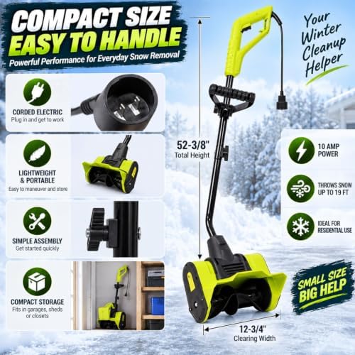 10 Amp Electric Snow Shovel, 12-Inch Corded Snow Thrower with Adjustable Handle, Dual-Blade Auger & 19 FT Throwing Distance, Lightweight Snow Blower for Driveways, Sidewalks & Patios, Black/Green