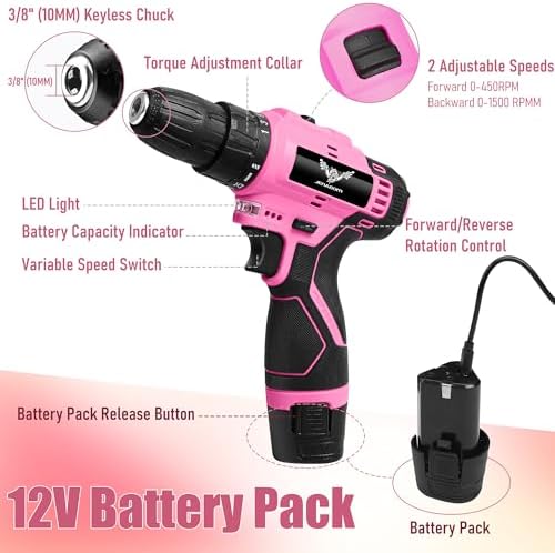 JENABOM Drill Set, 151-Piece Home Tool Set with 12V Pink Cordless Drill
