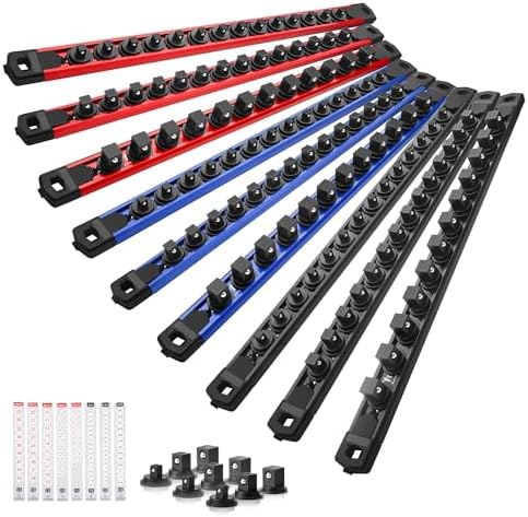 Reniteco Magnetic Socket Organizer Set, 9-Piece 1/4” 3/8” 1/2” Socket Rails | 120-Clip: 1/4" Rail-42 Clips, 3/8" Rail-42 Clips, 1/2" Rail-36 Clips, Heavy-Duty Aluminum Alloy Rails, Drawer or Wall Mount