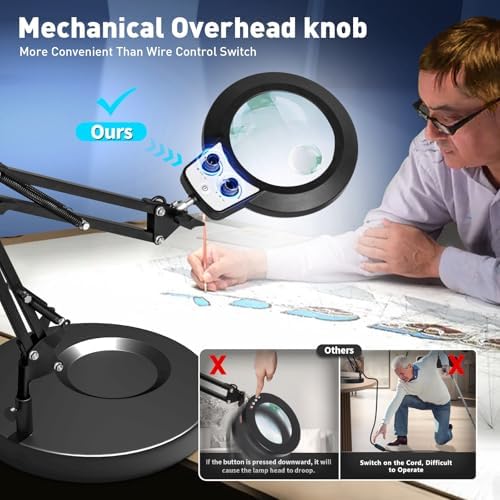 KIRKAS 12X 30X Magnifying Glass with Light and Stand, Overhead Knob 2 in 1
