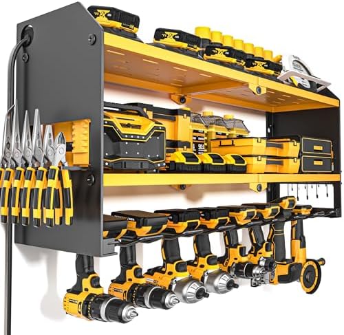 YYR Power Tool Organizer with Charging Station Wall Mount, Cordless Drill and Battery Holder for Garage Organization, Electric Tools Storage Rack Build in Surge Protection Power Strip - Yellow Shelf