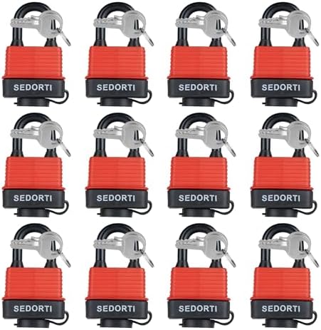 SEDORTI Colored Waterproof Padlocks, Red-Covered Laminated Steel Lock, Same Color with Same Key, Keyed Alike Outdoor Locks, Can Be Used as Lockout Tagout Lock, Pack of 12