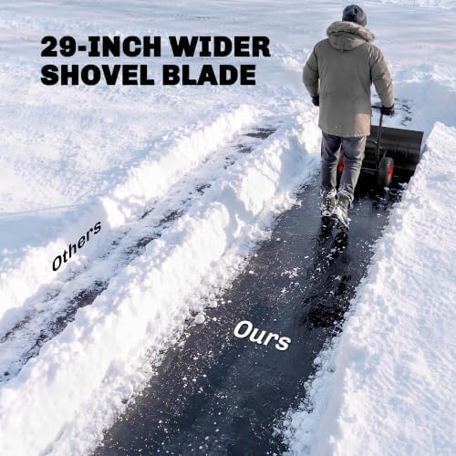 Outsunny Snow Shovel with Wheels, 29" x 18" Metal Snow Pusher, Black