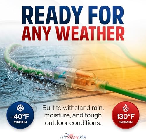 50ft Outdoor/Indoor Extension Cord 10/3 Gauge Ultra Heavy Duty 3 Prong SJTW, Waterproof, Flexible Cold-Resistant Long Power Cord,15A 125V 1875W, Green by LifeSupplyUSA