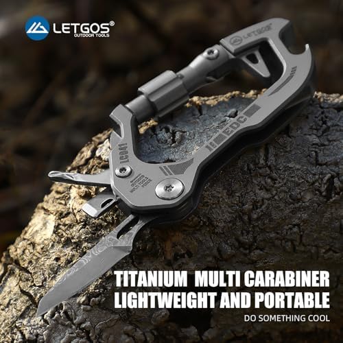 Titanium 6-in-1 Multi-Tool Carabiner–EDC Damascus Steel Knife, Bottle Opener, Screwdriver Set, Lockable Keychain Hook – Lightweight 1.3 oz for Outdoor Camping Hiking, Gift for men