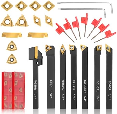 Indexable Lathe Turning Tool 21Pcs Kit 1/4'' 6mm Shank 7Pcs Metal Lathe Tools Holder Set with 14Pcs Turning Inserts for Turning Grooving Threading Boring Carbide Inserts Carbide Turning Tool