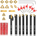 Indexable Lathe Turning Tool 21Pcs Kit 1/4'' 6mm Shank 7Pcs Metal Lathe Tools Holder Set with 14Pcs Turning Inserts for Turning Grooving Threading Boring Carbide Inserts Carbide Turning Tool