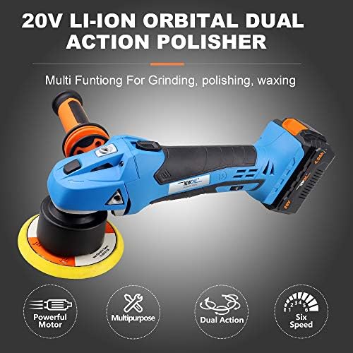 NEWONE 20V Cordless Round Orbital Polisher, Dual Action Buffer, 5-Inch, 6 Variable Speeds, Anti-vibration Handle, Car Sanding Polishing Waxing, 4.0Ah Battery and Fast Charger