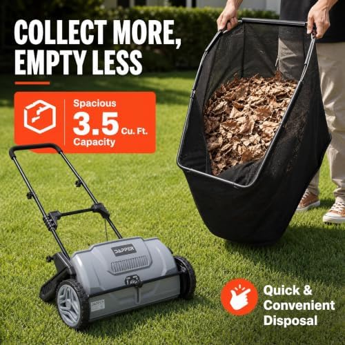 Dapper Supply 21" Push Lawn Sweeper (Also 22" & 26"), Leaf & Grass Collector, 3.5 Cu Ft Non-Woven Bag, Tool-Free Height Adjust, Folds for Wall Storage