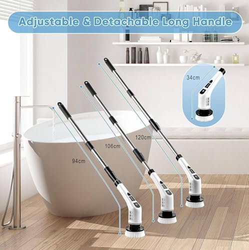 Electric Spin Scrubber, Cordless Cleaning Brush with 9 Replaceable Brush Heads, Tub and Floor Tile 360 Power Scrubber Dual Speed with Adjustable Detachable Handle for Bathroom Kitchen Car (9)