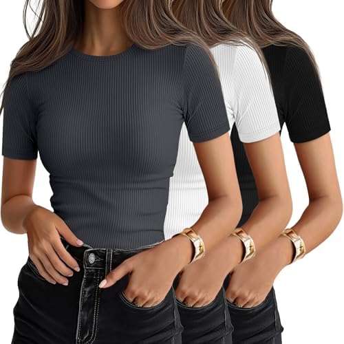 Ficerd 3 Pack Women's Ribbed Short Sleeve T-Shirts