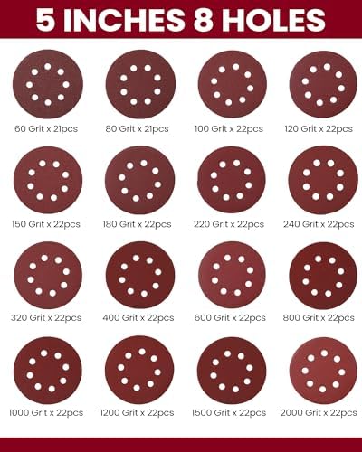 Queekay 350 Pieces 5 Inch 8 Holes Sanding Discs Round Hook and Loop Sandpaper for Random Orbital Sander 60 80 100 120 150 180 220 240 320 400 600 Grit(16 Styles)