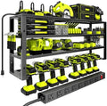 Large Power Tool Organizer Wall Mount with Charging Station, 8 Outlet Power Strip, 4 Layers 8 Drill Holder Heavy Duty Metal Tool Storage Loads 420lbs with Screwdriver Holder, Utility Racks for Garage
