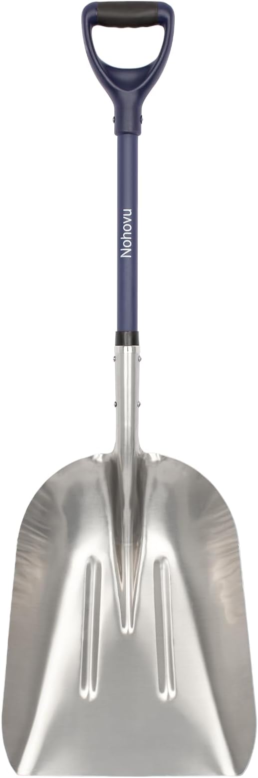 Nohovu Aluminum Snow Shovel - Large Capacity Driveway Snow Removal Tool, Fiberglass D-Handle, 45 Inch Blade