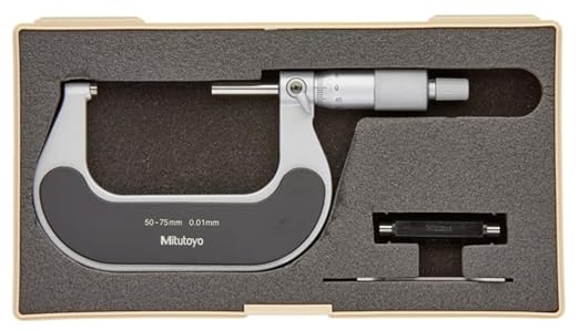 Mitutoyo 102-303 Outside Micrometer, Heat Insulated Frame, Ratchet Stop, 50-75mm Range, 0.01mm Graduation, +/-0.002mm Accuracy