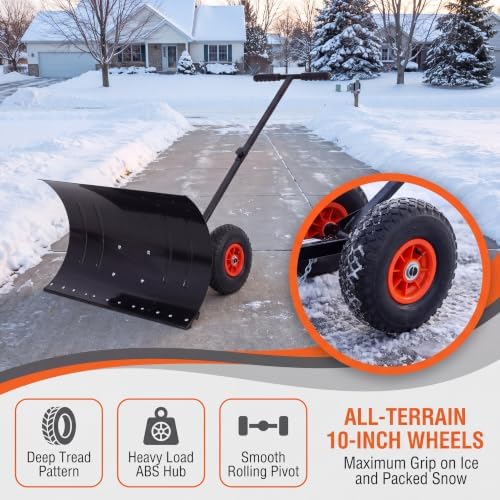 29" Snow Pusher Shovel with Adjustable Handle, Snow Shovel with Wheels, Snow Clean Tool for Driveway or Pavement, Black