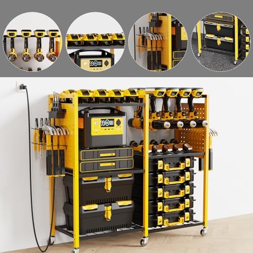 Heavy-Duty Power Tools Organizer Cart with Charging Power Strip, 6-Tier Rolling Utility Cart with 8 Hooks and 6 Load-Bearing Wheels, Garage Tool Storage Rack for Workshop for Men