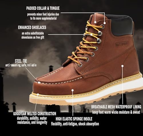 Work Boots for Men 6" Steel Toe Wedge Sole Waterproof Safety Boots