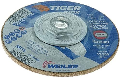 Weiler 58114 4-1/2" x 1/8" Tiger INOX Type 27 Cut and Grind Combo Wheel, INOX30T, 5/8"-11" UNC Nut (Pack of 10)