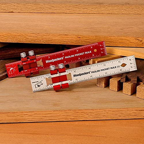 Woodpeckers Paolini Pocket Rule, Aluminum, 12 Inch, Woodworking Ruler with Sliding Stop, Vertical End Scale, Scribing Notch, Engraved Scales