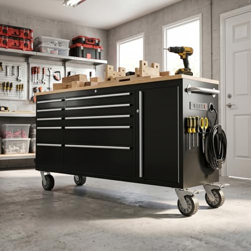 72" Rolling Tool Chest, Heavy-Duty Tool Box with Power Outlet, Tool Cabinet with 10 Drawers, Rubber Wood Workbench with Key Locking System Drawer Liners for Garage Warehouse Repair Shop
