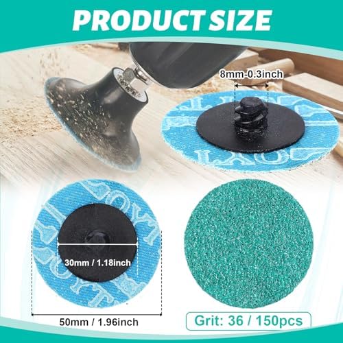 Newwiee 150 Pcs 2 Inch Sanding Discs Green Zirconia Roll Die Grinder Sanding Surface Conditioning Discs for Surface Prep Strip Grind Polish Finish Burr Rust Paint Removal(36 Grit)