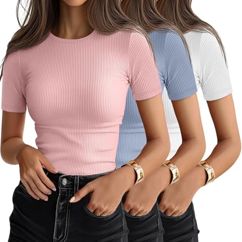 Ficerd 3 Pack Women's Ribbed Short Sleeve T-Shirts