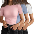 Ficerd 3 Pack Women's Ribbed Short Sleeve T-Shirts