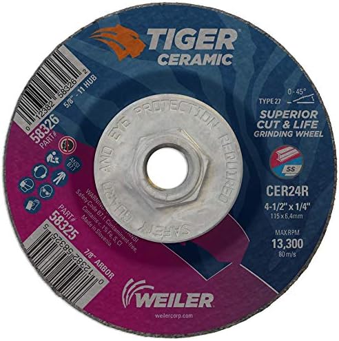Weiler 58326 4-1/2 x 1/4 Tiger Ceramic Type 27 Grinding Wheel CER24R 5/8-11 Nut (Pack of 10)
