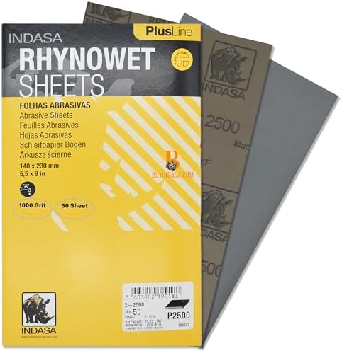 Indasa 50 PCS 5.5x9” Wet & Dry Rhynowet Sandpaper 1000 GRIT Half Sheets – Silicon Carbide Abrasive for Auto, Wood, Metal, Paint & Coat Finishing – Abrasive Sandpaper, Plusline