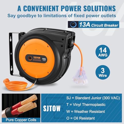 VEVOR Retractable Extension Cord Reel, 75 FT, Heavy Duty 14AWG/3C SJTOW Retractable Power Cord with Lighted Triple Tap Outlet, 13 Amp Circuit Breaker 180° Swivel Bracket for Ceiling or Wall Mount
