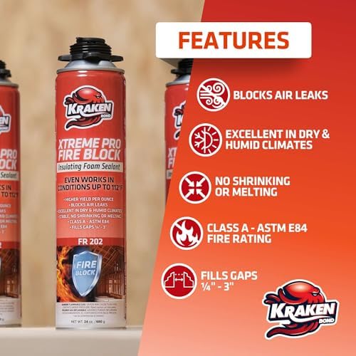 Kraken Bond Xtreme Pro Fire Block Expanding Foam Sealant (12x24oz), Professional Polyurethane Insulating Foam with Fire Block Technology, High Heat Resistant and Waterproof, Gun Not Included – 12 Pack