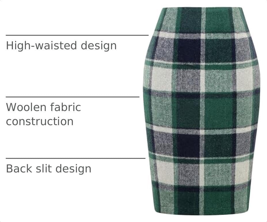 IDEALSANXUN Plaid Skirts for Women Fall Winter Knee Length Pencil Wool Skirt with Slit