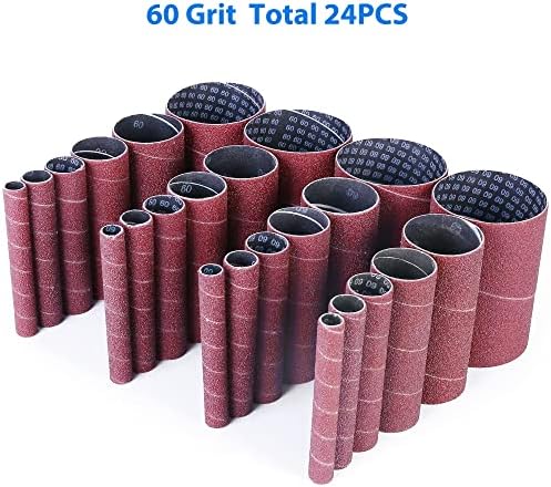 LotFancy 24PCS Spindle Sander Sleeves, 60 Grit Sanding Sleeves, Aluminum Oxide Abrasive, 4-1/2” Length, 4 Each of 1/2”,3/4”,1”,1-1/2”, 2” and 3”