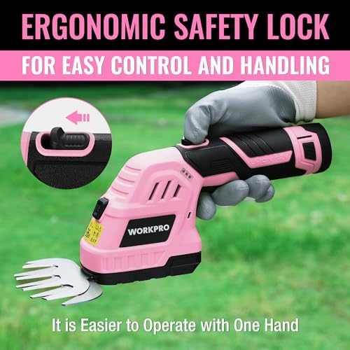 WORKPRO 12V Cordless Grass Shear & Shrubbery Trimmer, Pink Ribbon