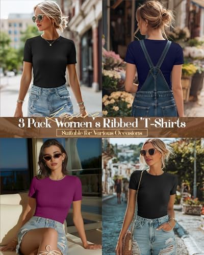 Ficerd 3 Pack Women's Ribbed Short Sleeve T-Shirts