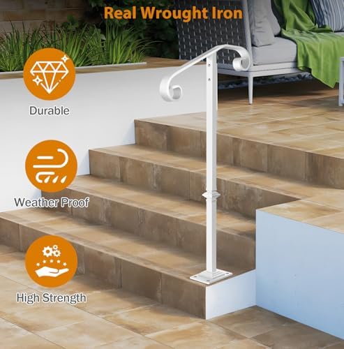 Handrail Railing, Single Post Handrail Fits 1 or 2 Steps, Sturdy Outdoor Stair Railing for Concrete&Wooden Steps with Base, Wrought Iron Stair Handrails, Grab Rail for Steps Porch, White | 38.8" Handrail Railing for Concrete&Wooden Steps with Base, Gra...