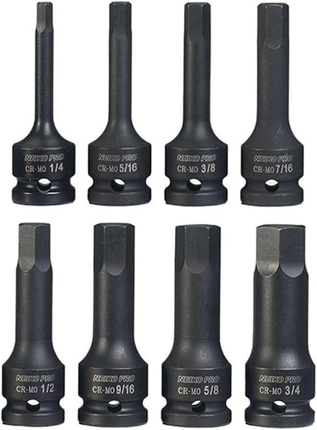 NEIKO 01137B 1/2-Inch-Drive Allen Socket Set, 3-Inch Length, 1/2-Inch Impact Hex-Bit Socket Set, SAE Hex Driver 1/4" to 3/4", CrMo Steel, Impact-Grade, 8-Piece Set