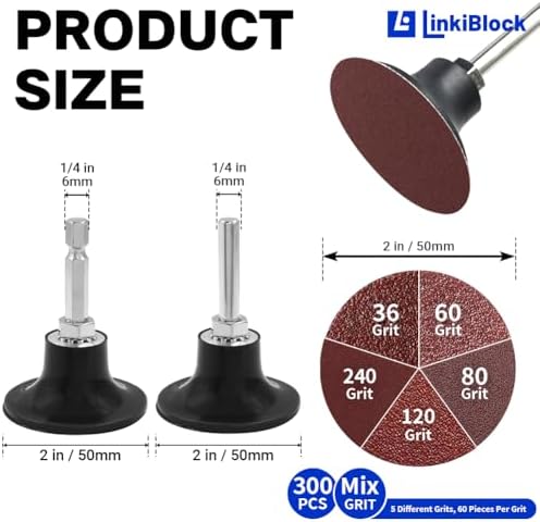 300Pcs 2 inch R-Type Quick Change Aluminum Oxide Surface Conditioning Sanding Discs Set, 36, 60, 80, 120 and 240 Grit (60 Disc Each) with Adapter & Backing Pad