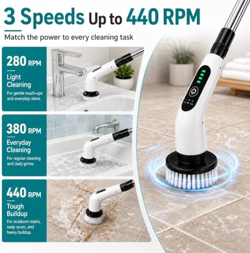 PPLEE Electric Spin Scrubber, Cordless Spin Scrubber, 3 Speeds, Long Handle