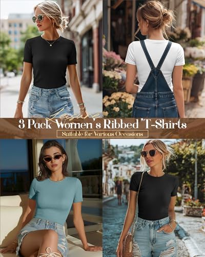 Ficerd 3 Pack Women's Ribbed Short Sleeve T-Shirts