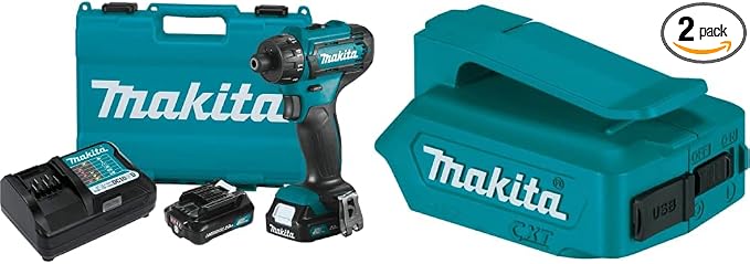 Makita FD10R1 12V max CXT Lithium-Ion Cordless 1/4" Hex Screwdriver Kit (2.0Ah) with ADP06 12V max CXT Lithium-Ion Cordless Power Source