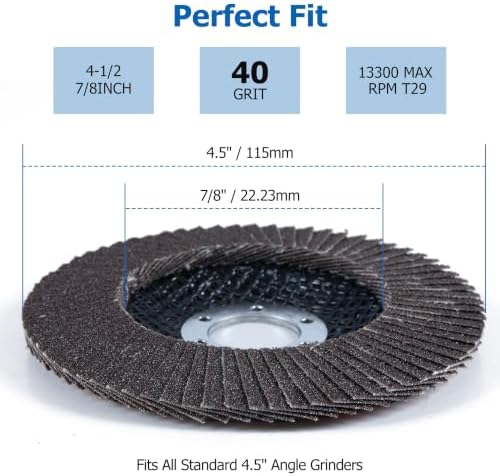 40 Pack 4.5" x 7/8" Premium Calcined Alumina Flap Disc, 40 Grit Type 29, 4 1/2 for Angle Grinder, Flap Sanding Disc for Stainless Steel, Metal, Wood