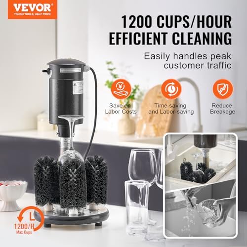 VEVOR Electric Commercial Glass Washer, 5-Brush Bar Glass Cleaner, 1200 Cups/Hour Wine Glass Cleaning Machine, Bar Glass Washer for Champagne Glasses, Beer Cups, Mugs, Perfect for Bars and Cafes