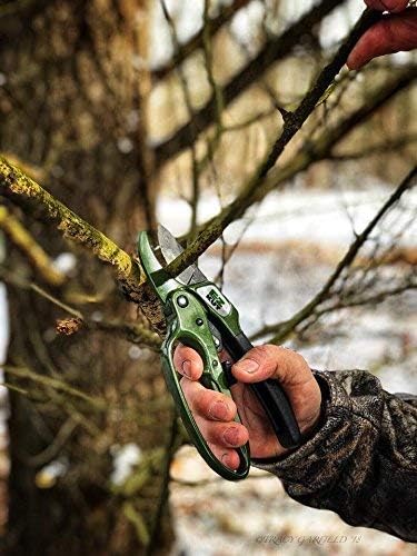EZ Kut Heavy Duty Ratcheting Pruning Shears Green with Holster and Sharpener, Garden Hand Pruner with Ballistic Nylon Sheath, Arthritis Friendly Anvil Clippers for Thick Branches Cuts Up to 1.5 Inches