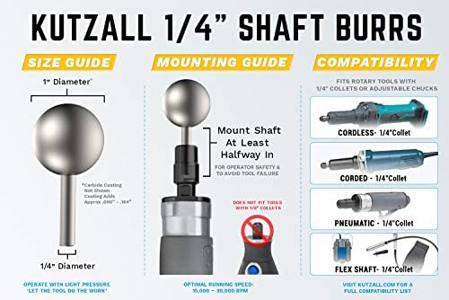Kutzall Original Sphere Rotary Burr, 1⁄4" Shaft, Fine - Wood Carving Bit for Bosch, DeWalt, Milwaukee Tools. Abrasive Tungsten Carbide Coating, 1" (25.4mm) Head Diameter, S-1G