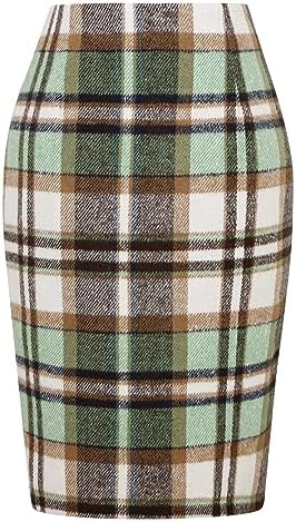 IDEALSANXUN Plaid Skirts for Women Fall Winter Knee Length Pencil Wool Skirt with Slit