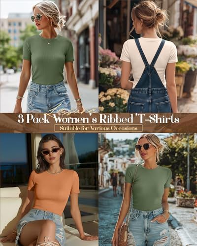 Ficerd 3 Pack Women's Ribbed Short Sleeve T-Shirts
