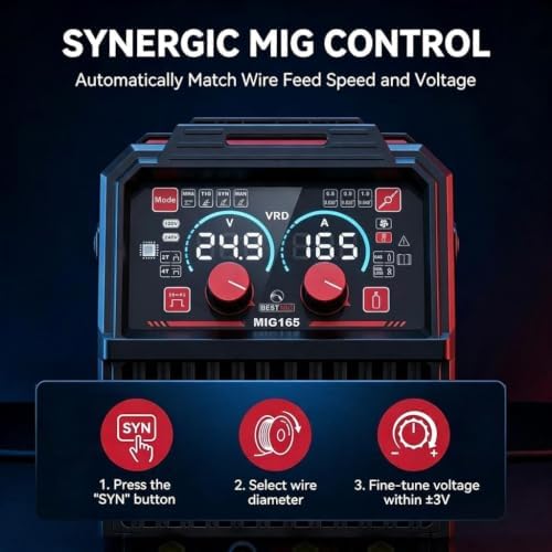 BESTMIG 165A MIG Welder 110V/220V Dual Voltage, 4 in 1 Gas & Gasless Flux Core Welder MIG/TIG/Stick Welding Machine with Multiprocess Synergy IGBT Inverter Welder, Includes Welding Helmet & Gloves